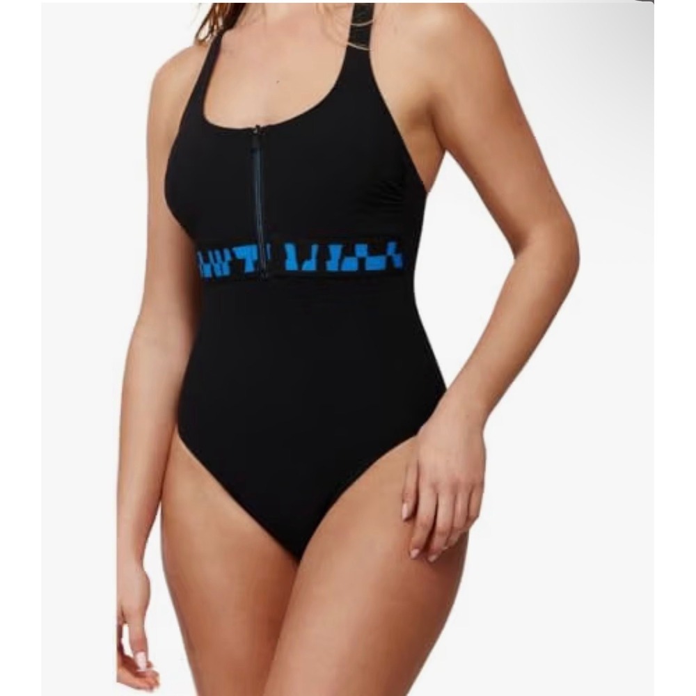 Gottex Sport Swimsuit Women 4 Black NWT Zipper Racerback One Piece Athleisure